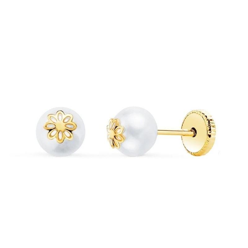Pendientes Oro 18k niña 5 mm. perla lisa detalle margarita centro