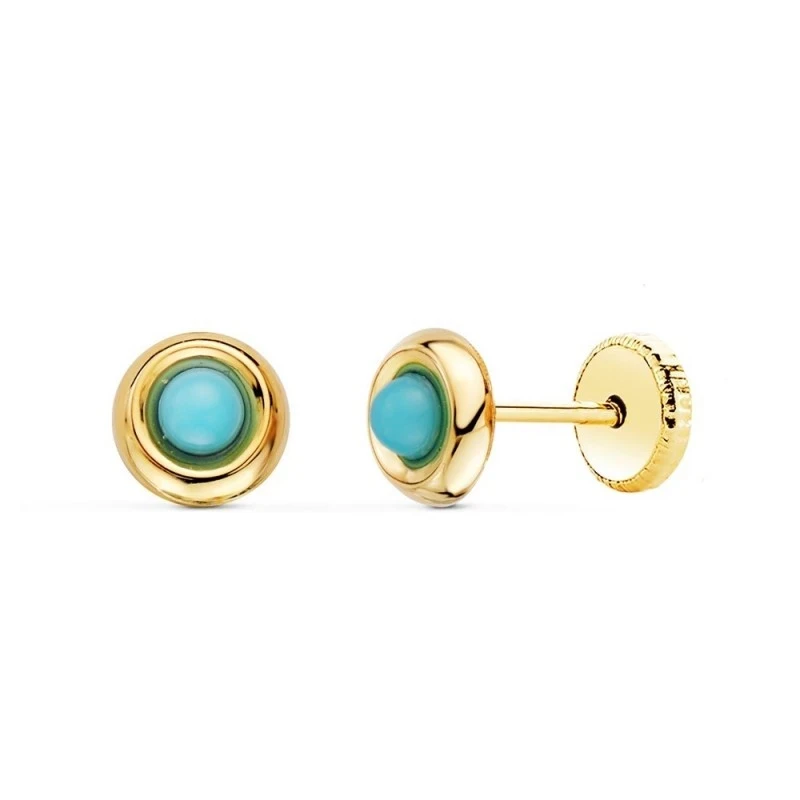 Pendientes Oro 18k niña 5 mm. redondos lisos turquesa centro 2 mm.