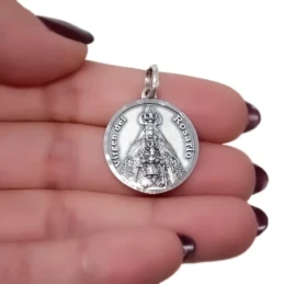 Virgen del Rosario de Cádiz Medalla Plata Ley 925m maciza 22 mm. deta
