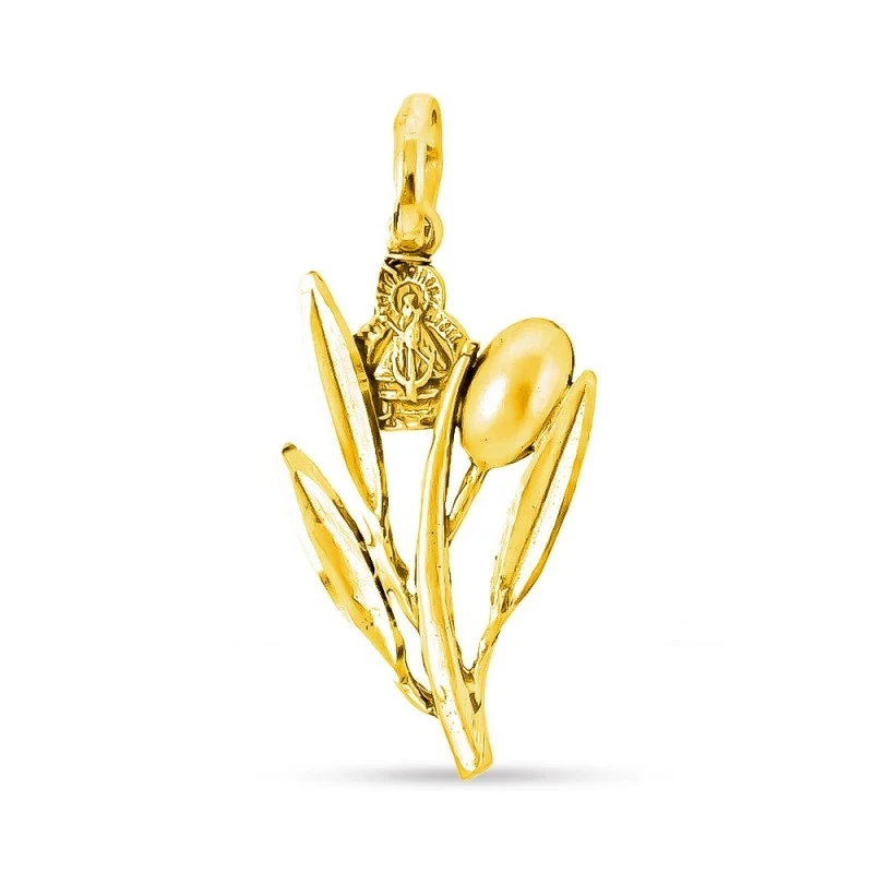 Virgen de la Cabeza Rama Olivo Colgante Oro 18k macizo 33 mm. hojas