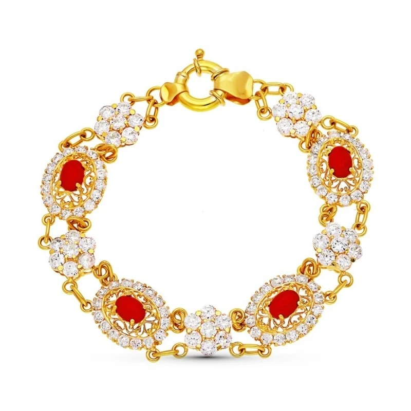 Pulsera Oro 18k mujer 21 cm. piedra coralina combinada circonitas fil