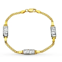 Pulsera Oro Bicolor 18k mujer doble cadena detalle circonitas forma g
