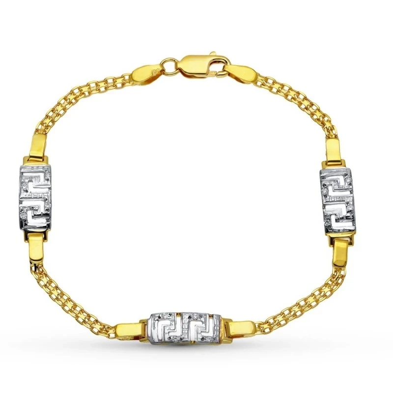 Pulsera Oro Bicolor 18k mujer doble cadena detalle circonitas forma g