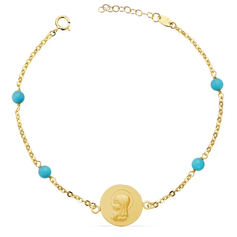 Virgen Niña Pulsera Oro 18k mujer 19 cm. medalla 14 mm. bolas turques