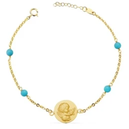 Ángel Burlón Pulsera Oro 18k mujer 19 cm. medalla 14 mm. bolas turque
