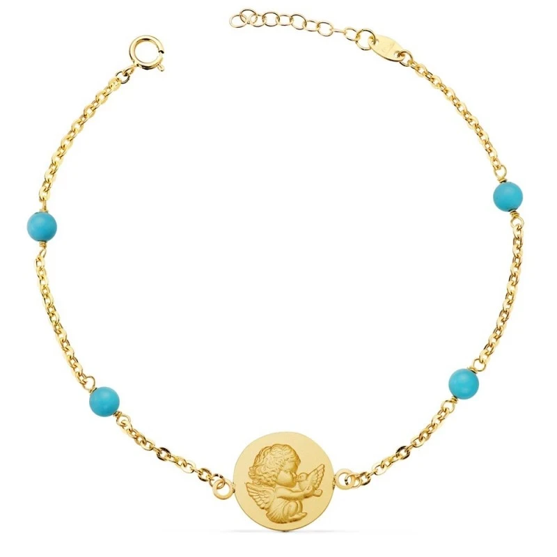 Ángel Burlón Pulsera Oro 18k mujer 19 cm. medalla 14mm. bolas turques