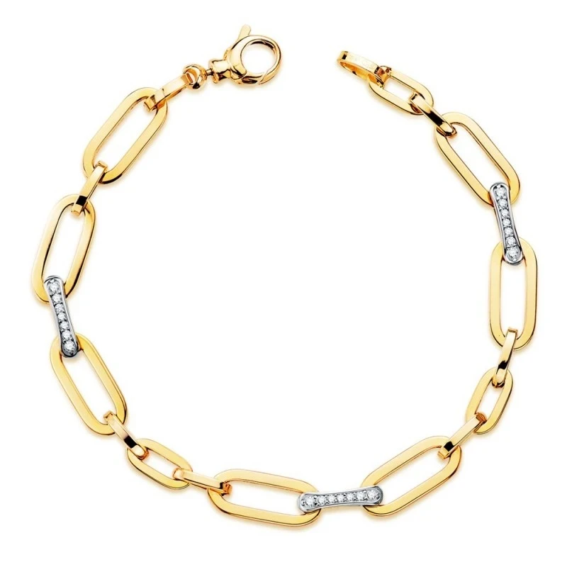Pulsera Oro Bicolor 18k mujer 19.5 cm. eslabones combinados circonita