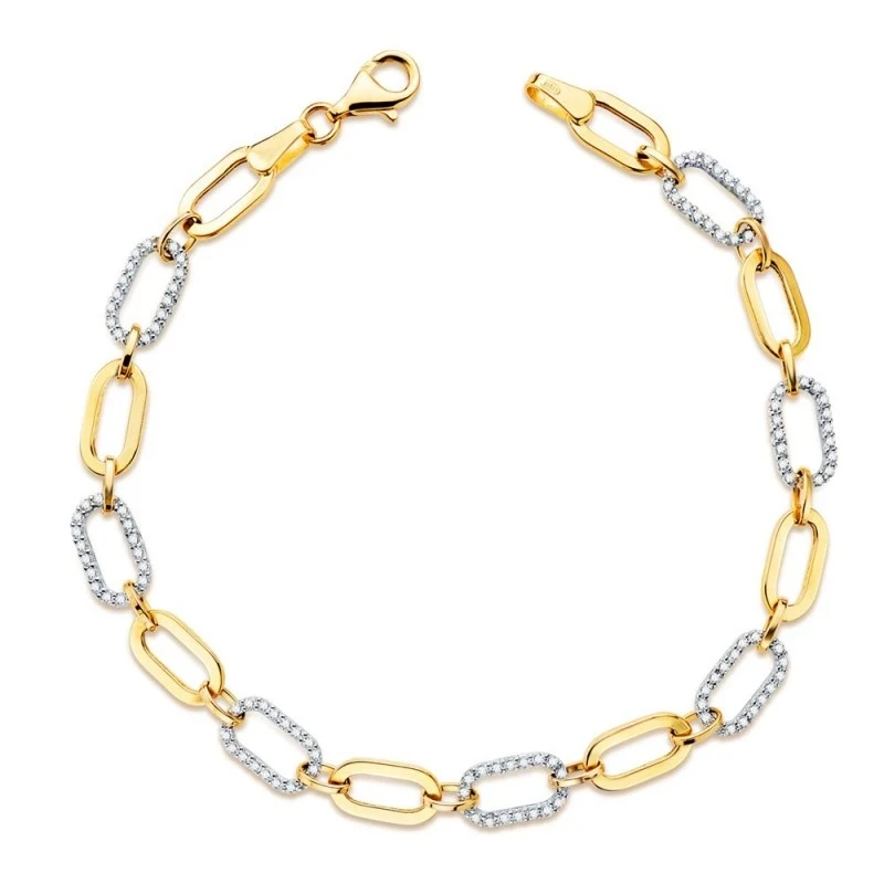 Pulsera Oro Bicolor 18k mujer 19 cm. eslabones circonitas 5 mm. ancho