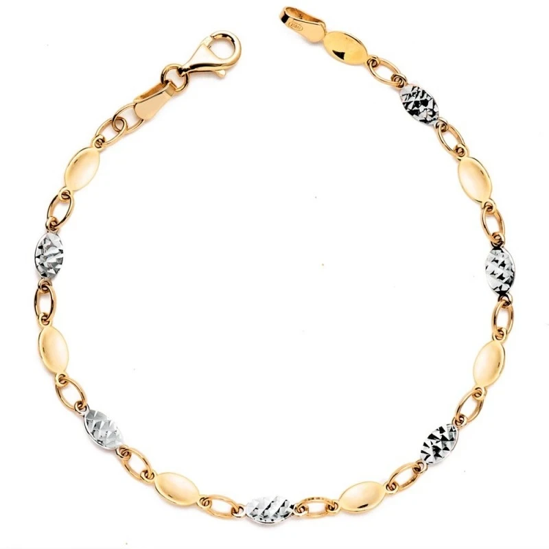 Pulsera Oro Bicolor 18k mujer 20 cm. eslabones chapas lisas combinada