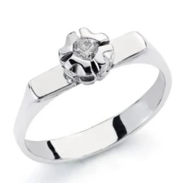 Sortija Oro Blanco 18k mujer diamante centro 0.10ct. cabeza forma flo