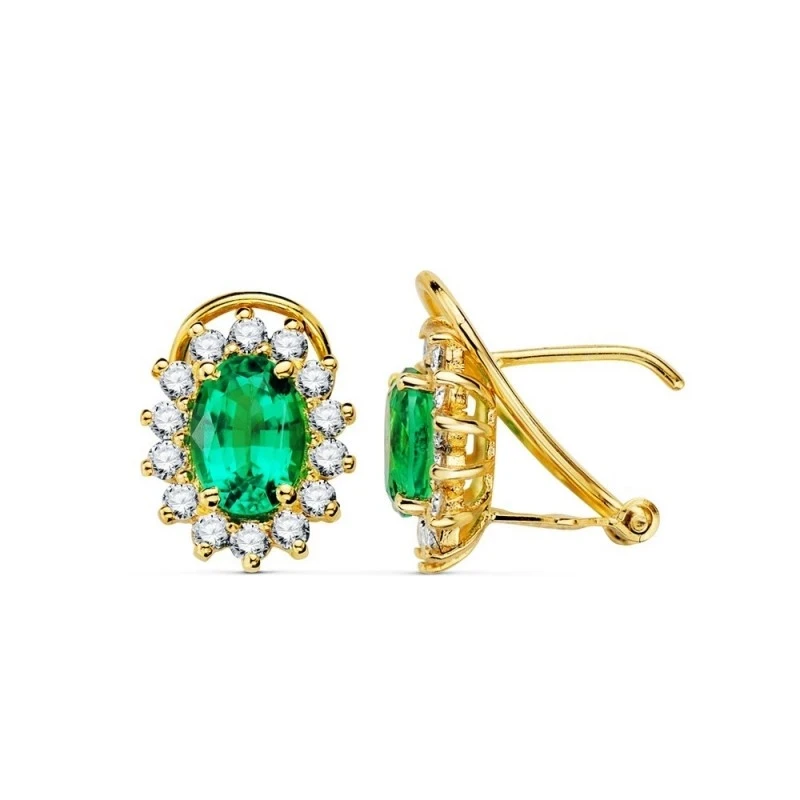 Pendientes Oro 18k mujer 12 mm. esmeralda ovalada centro 1.5ct. combi
