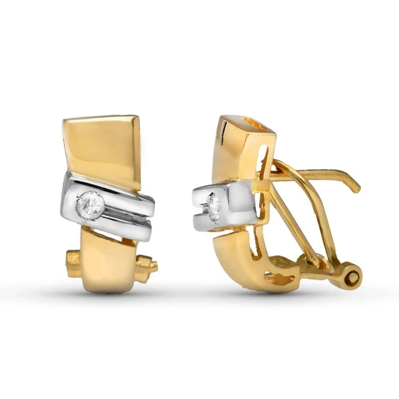 Pendientes Oro Bicolor 18k mujer 17 mm. diamantes brillantes 0.04ct.
