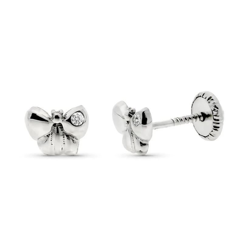 Pendientes Oro Blanco 9k bebé 6 mm. diamante 0.008ct. forma mariposa