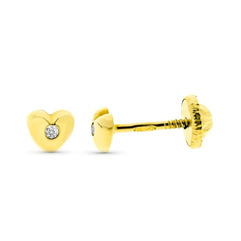 Pendientes Oro 9k bebé 4 mm. forma corazón diamante centro 0.008ct.