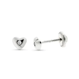 Pendientes Oro Blanco 9k bebé 4 mm. forma corazón diamante centro 0.0