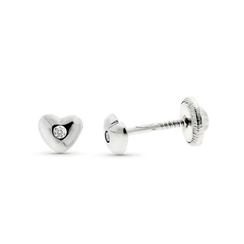 Pendientes Oro Blanco 9k bebé 4 mm. forma corazón diamante centro 0.0