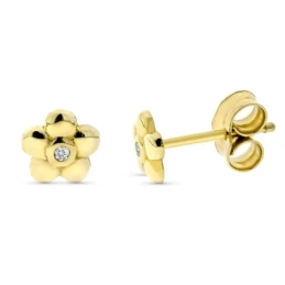 Pendientes Oro 9k mujer 7 mm. forma flor diamante centro 0.008ct.