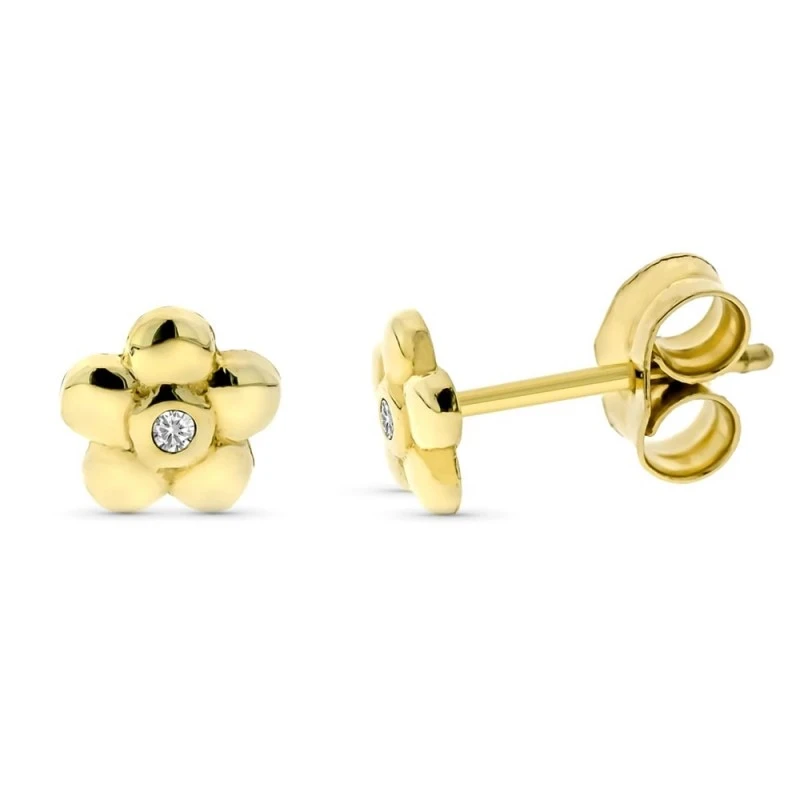 Pendientes Oro 9k mujer 7 mm. forma flor diamante centro 0.008ct.