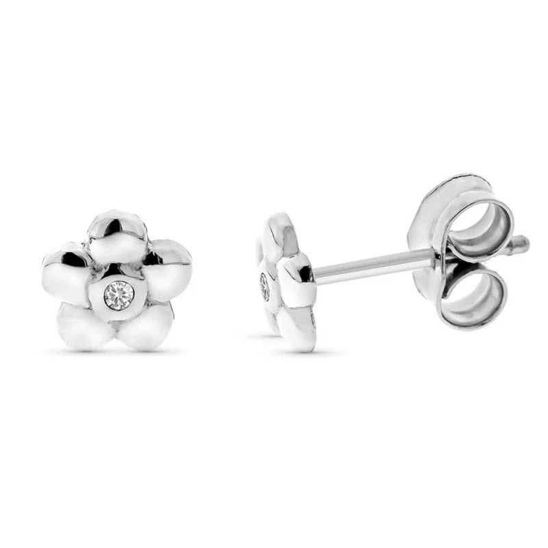 Pendientes Oro Blanco 9k niña 5 mm. forma flor diamante centro 0.008c
