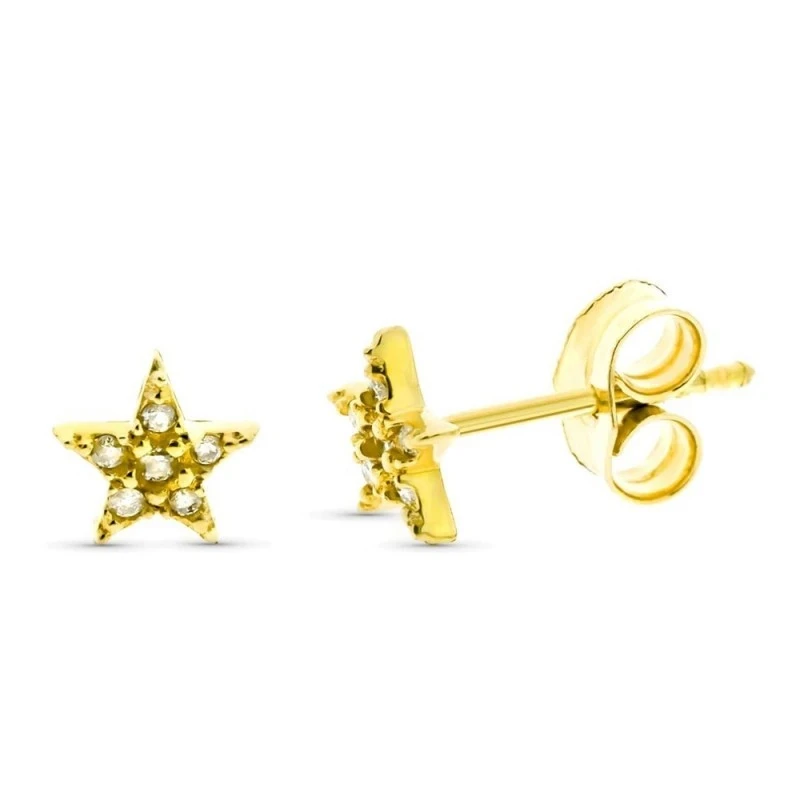 Pendientes Oro 9k niña 6 mm. forma estrella 6 diamantes 0.011ct.