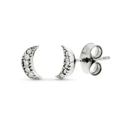 Pendientes Oro Blanco 9k niña forma luna 7 mm. 5 diamantes 0.01ct.