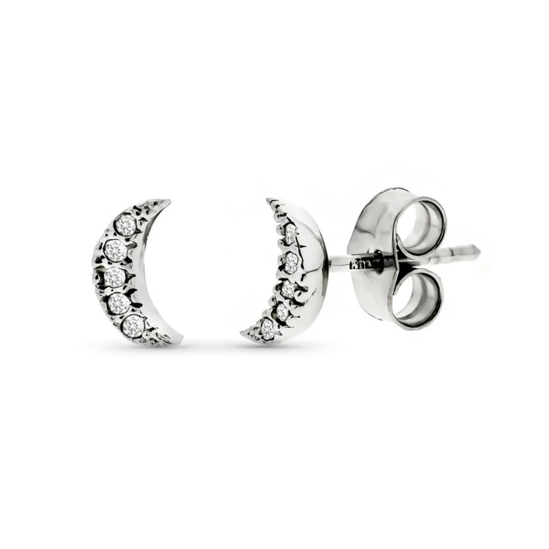 Pendientes Oro Blanco 9k niña forma luna 7 mm. 5 diamantes 0.01ct.