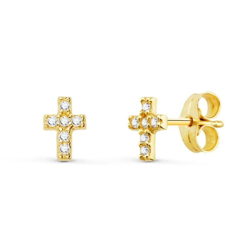 Pendientes Oro 9k niña 6 mm. Cruz 6 diamantes 0.01ct.
