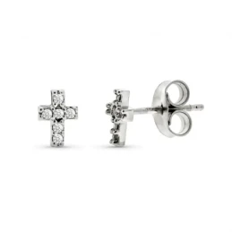 Pendientes Oro Blanco 9k niña 6 mm. Cruz 6 diamantes 0.01ct.