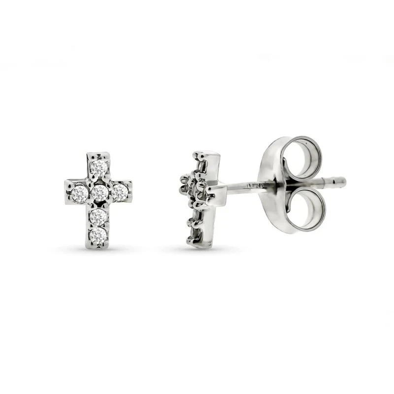 Pendientes Oro Blanco 9k niña 6 mm. Cruz 6 diamantes 0.01ct.