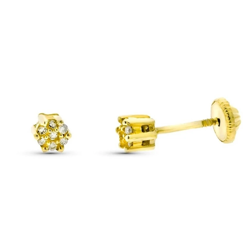 Pendientes Oro 9k niña cuajo 7 diamantes 0.01ct. cierre tornillo