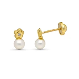Pendientes Oro 9k forma flor 9 mm. perla combinada diamante 0.01ct.