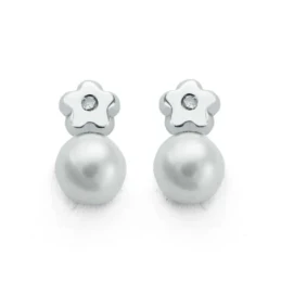 Pendientes Oro Blanco 9k forma flor 9 mm. perla combinada diamante 0.