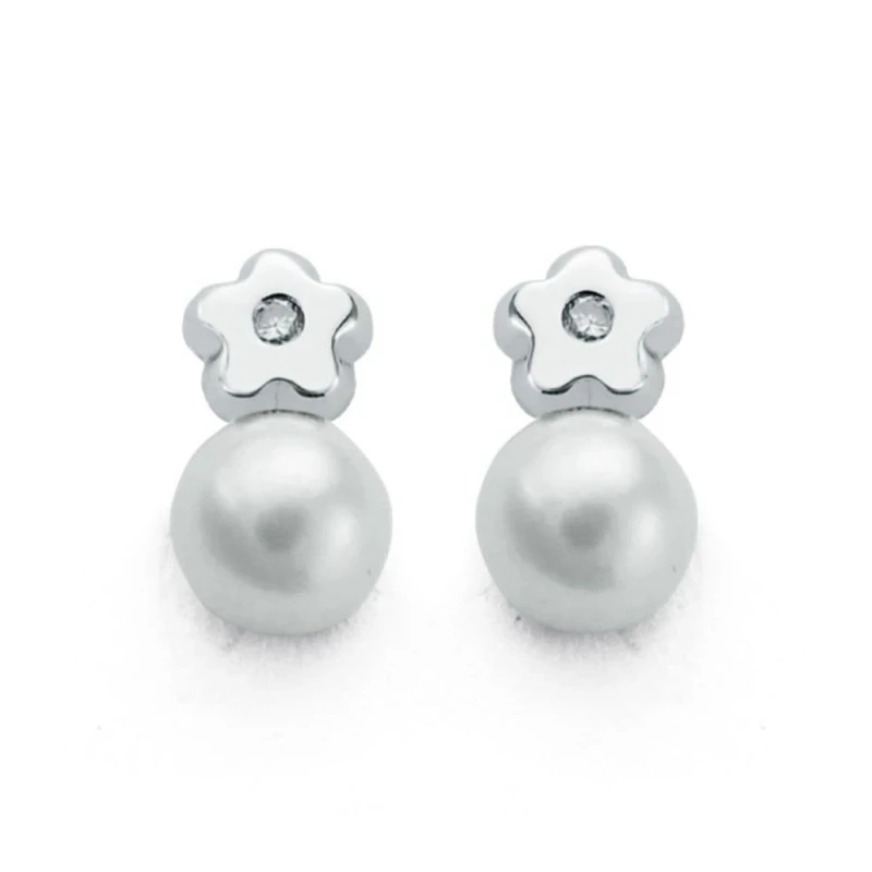 Pendientes Oro Blanco 9k forma flor 9 mm. perla combinada diamante 0.