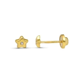 Pendientes Oro 9k niña forma estrella diamante centro 0.01ct.