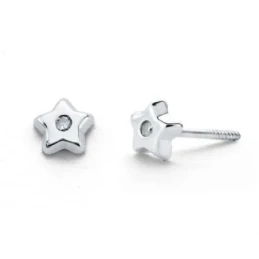 Pendientes Oro Blanco 9k niña forma estrella diamante centro 0.01ct.