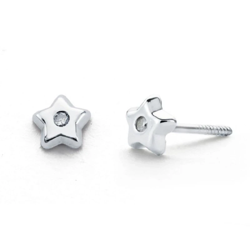 Pendientes Oro Blanco 9k niña forma estrella diamante centro 0.01ct.