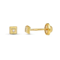 Pendientes Oro 9k niña forma cuadrada diamante centro 0.01ct.