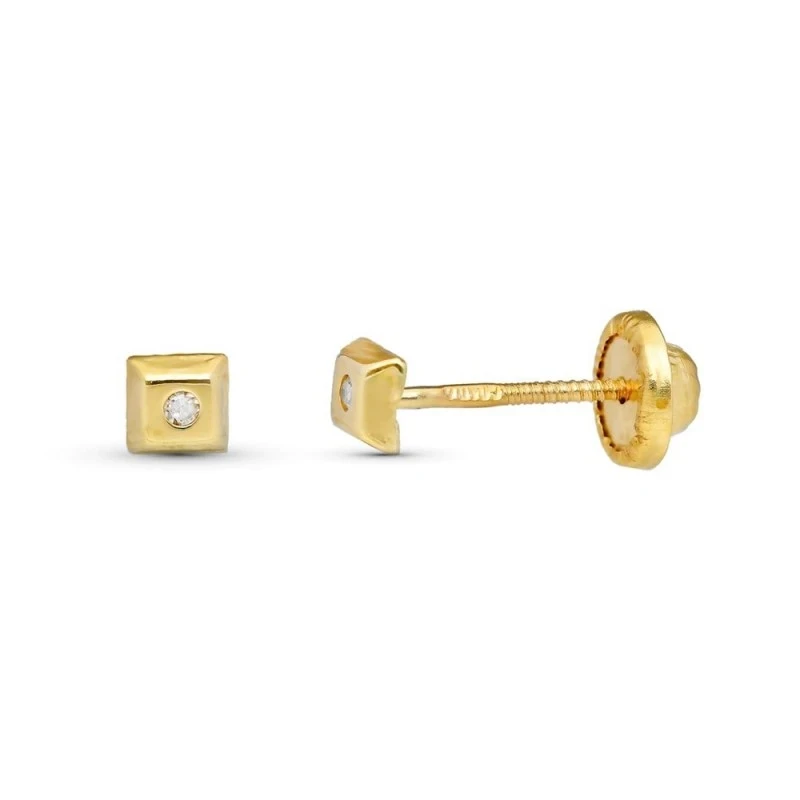 Pendientes Oro 9k niña forma cuadrada diamante centro 0.01ct.