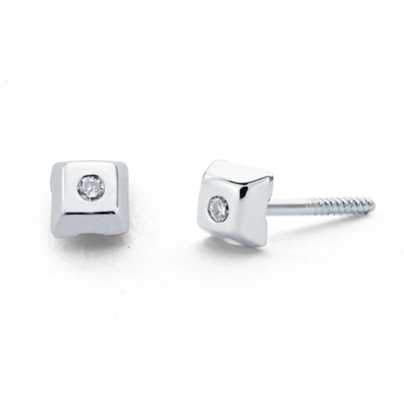 Pendientes Oro Blanco 9k niña forma cuadrada diamante centro 0.01ct.