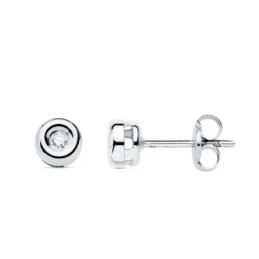 Pendientes Oro Blanco 18k chatón 5.5 mm. diamante centro 0.02ct.