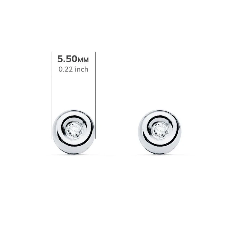 Pendientes Oro Blanco 18k chatón 5.5 mm. diamante centro 0.02ct.