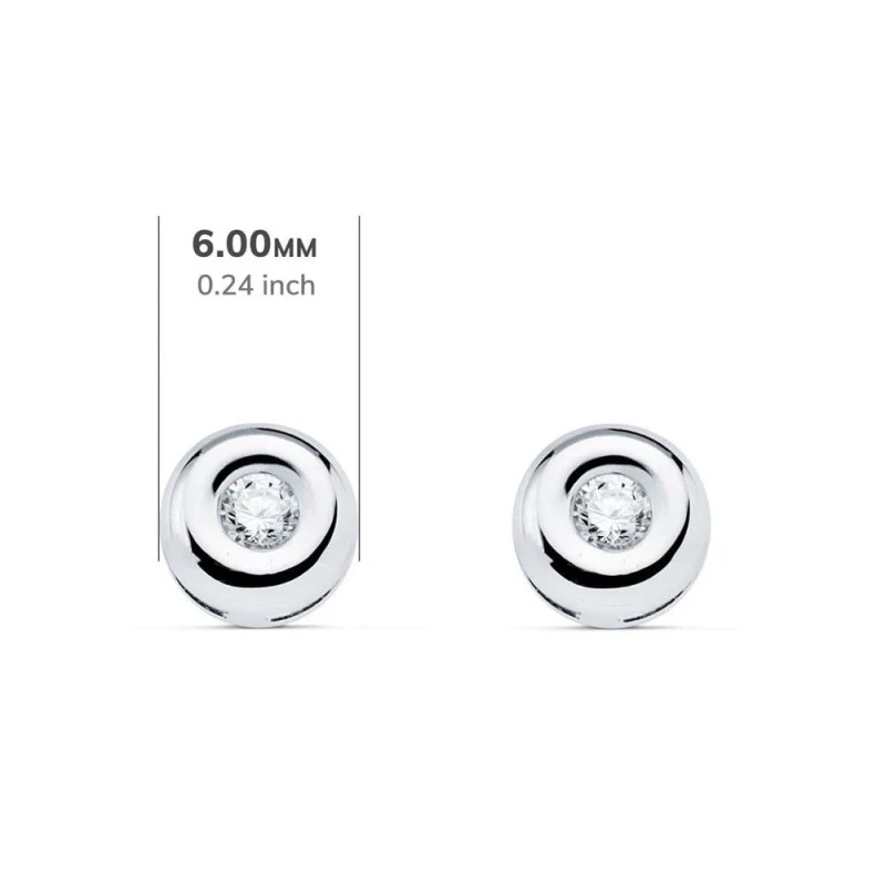 Pendientes Oro Blanco 18k chatón 6 mm. diamante centro 0.05ct.
