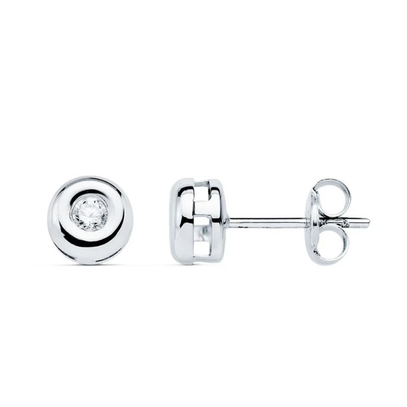 Pendientes Oro Blanco 18k chatón 6 mm. diamante centro 0.07ct.