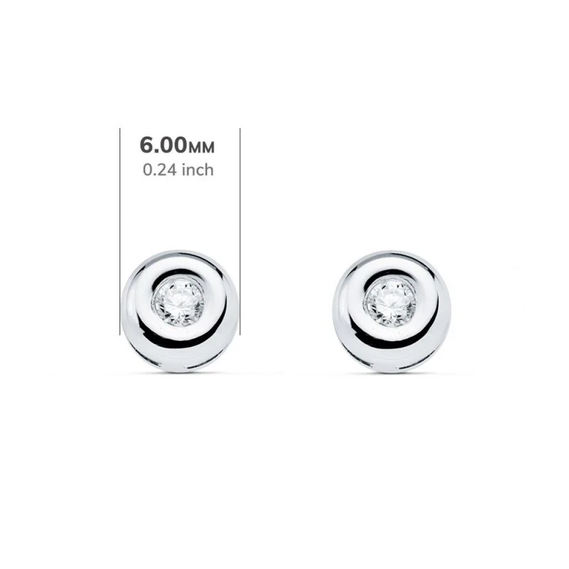 Pendientes Oro Blanco 18k chatón 6 mm. diamante centro 0.07ct.