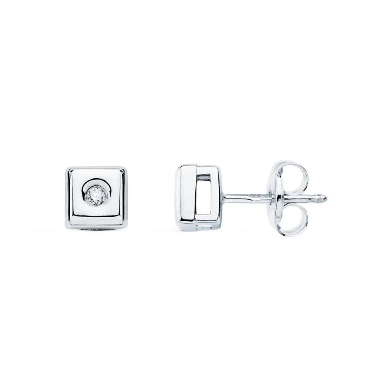 Pendientes Oro Blanco 18k forma cuadrada diamante centro 0.02ct.