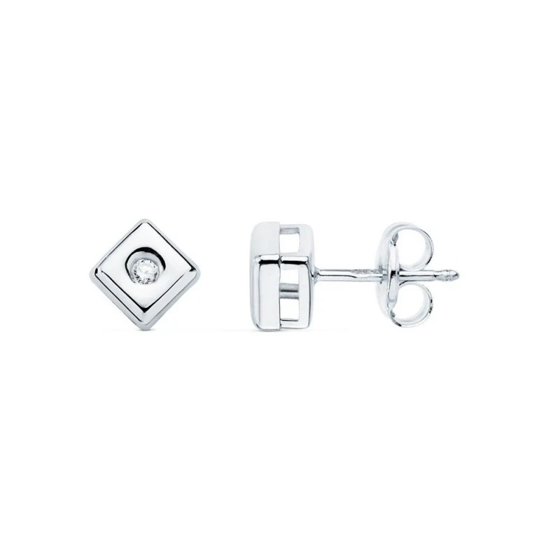 Pendientes Oro Blanco 18k forma cuadrada diamante centro 0.02ct.