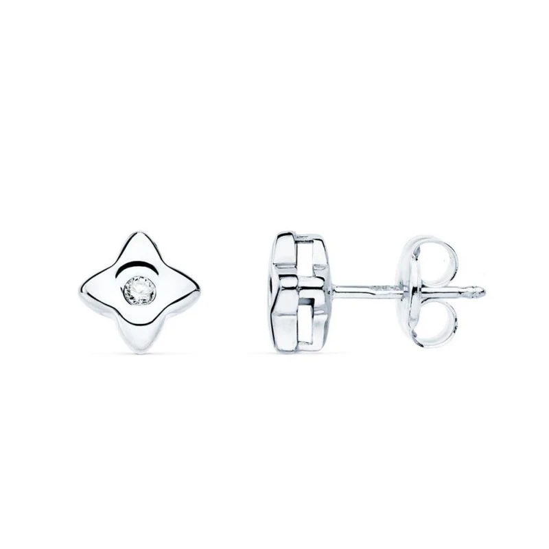 Pendientes Oro Blanco 18k niña 5.5 mm. forma estrella diamante centro