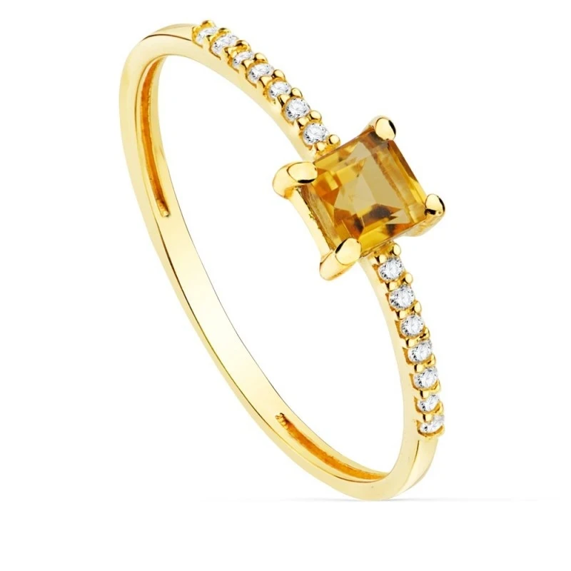 Sortija Oro 18k citrina 4 mm. cuadrada centro combinada 7 diamantes 0