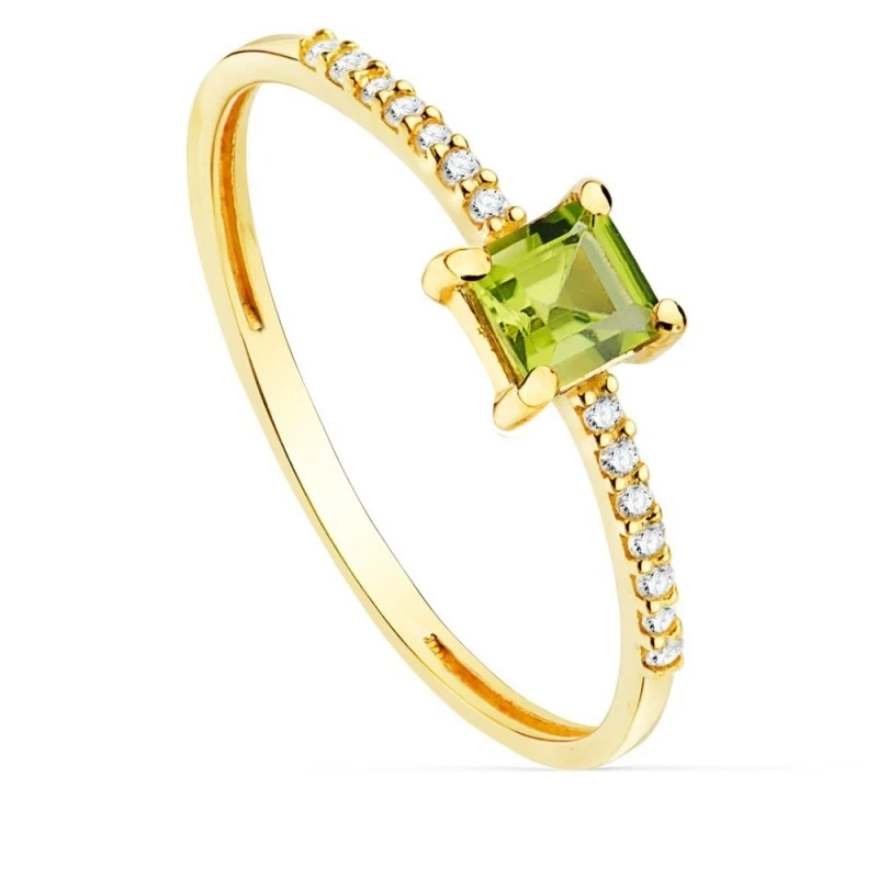 Sortija Oro 18k olivina 4 mm. cuadrada centro combinada 7 diamantes 0
