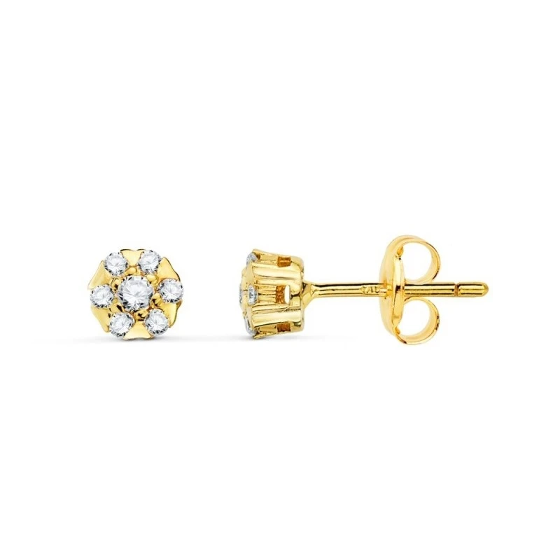 Pendientes Oro 18k chatón 5 mm. combinado 7 diamantes 0.018ct.